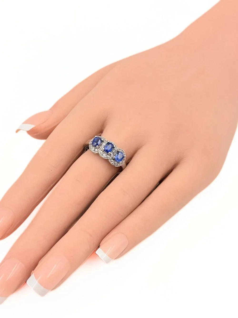 Contemporary Marked Sterling Silver Blue Topaz CZ Trilogy Halo Ring Sz 10.75